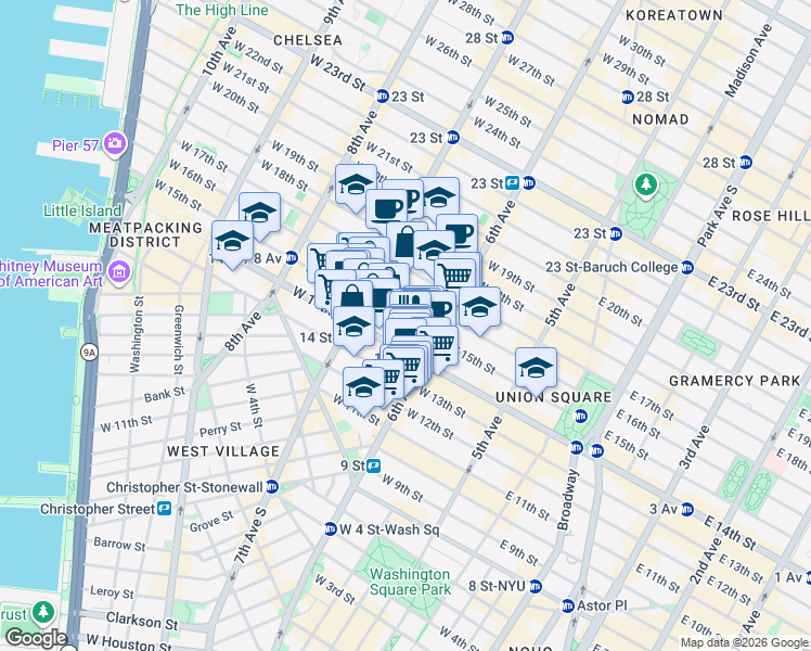 map of restaurants, bars, coffee shops, grocery stores, and more near 130 West 15th Street in New York