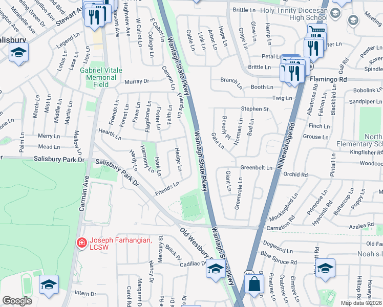 map of restaurants, bars, coffee shops, grocery stores, and more near 191 Friends Lane in Westbury