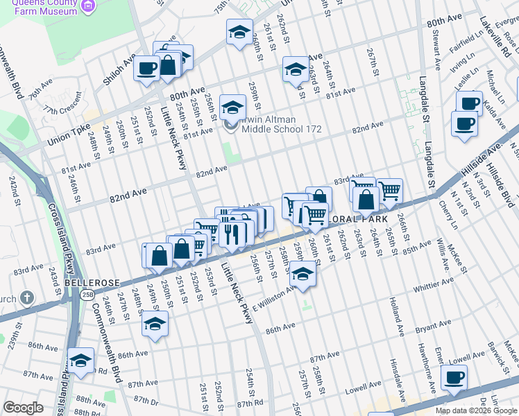 map of restaurants, bars, coffee shops, grocery stores, and more near 257-02 83rd Avenue in Queens