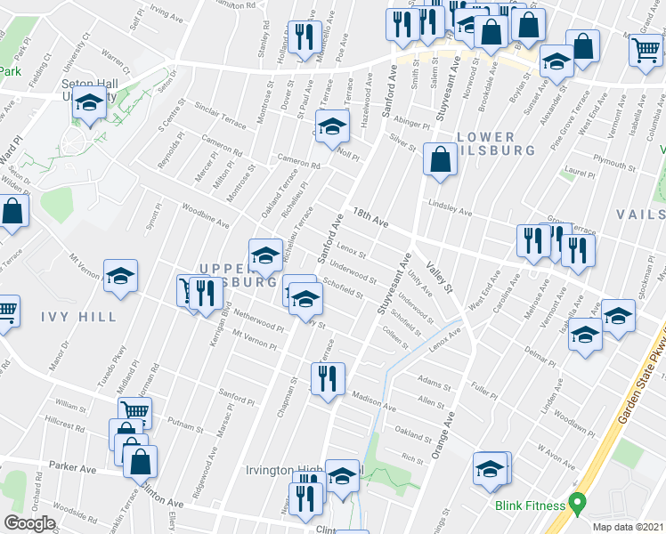 map of restaurants, bars, coffee shops, grocery stores, and more near 130 Underwood Street in Newark