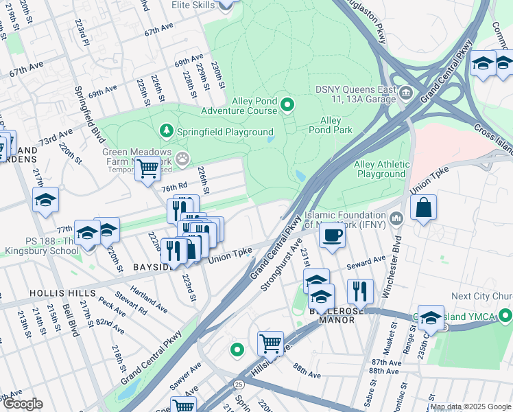 map of restaurants, bars, coffee shops, grocery stores, and more near 22902 Kingsbury Avenue in Queens