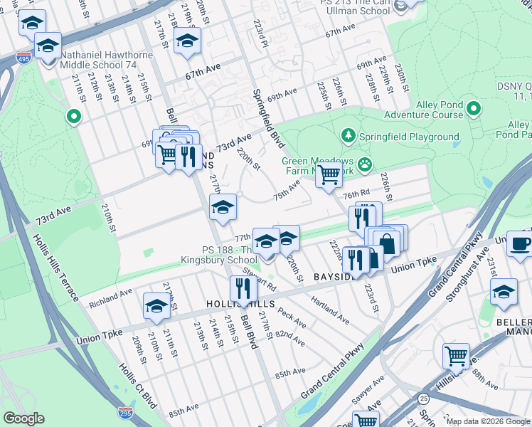 map of restaurants, bars, coffee shops, grocery stores, and more near 219-62 75th Avenue in Queens