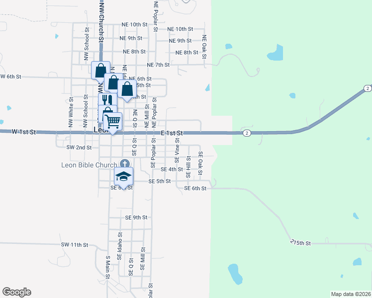 map of restaurants, bars, coffee shops, grocery stores, and more near 701-799 SE 2nd St in Leon