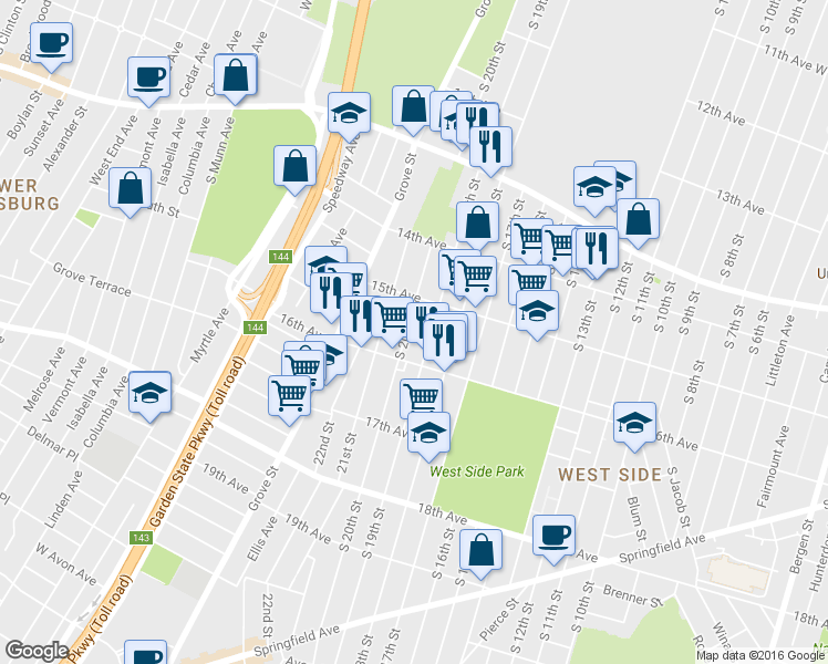 map of restaurants, bars, coffee shops, grocery stores, and more near 538 South 20th Street in Newark