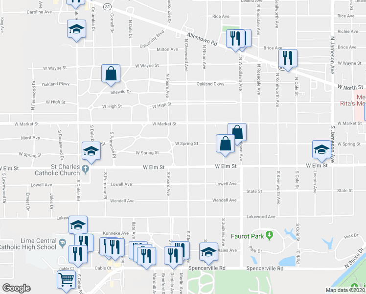 map of restaurants, bars, coffee shops, grocery stores, and more near 1701 West Spring Street in Lima