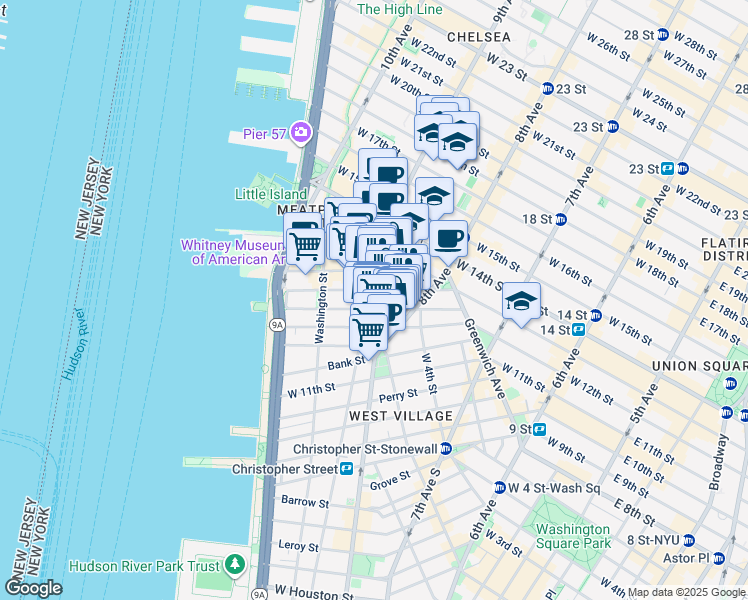 map of restaurants, bars, coffee shops, grocery stores, and more near 616 Hudson Street in New York