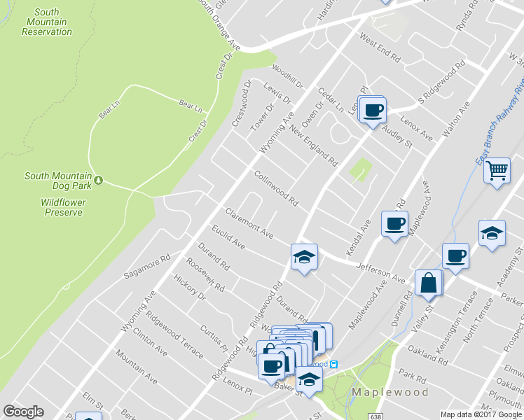 map of restaurants, bars, coffee shops, grocery stores, and more near 12 Claremont Drive in Maplewood