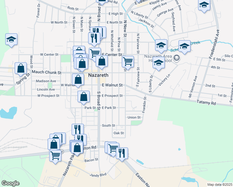 map of restaurants, bars, coffee shops, grocery stores, and more near 181 South Whitfield Street in Nazareth