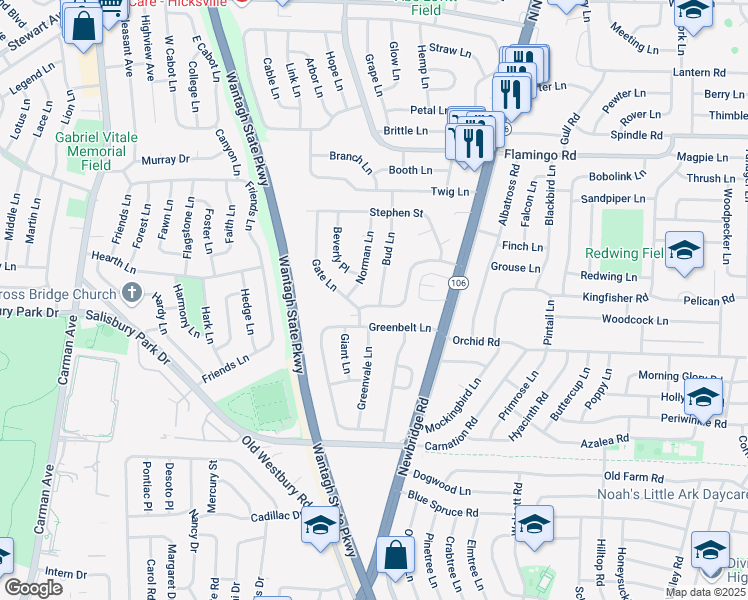 map of restaurants, bars, coffee shops, grocery stores, and more near 128 Myles Avenue in Levittown