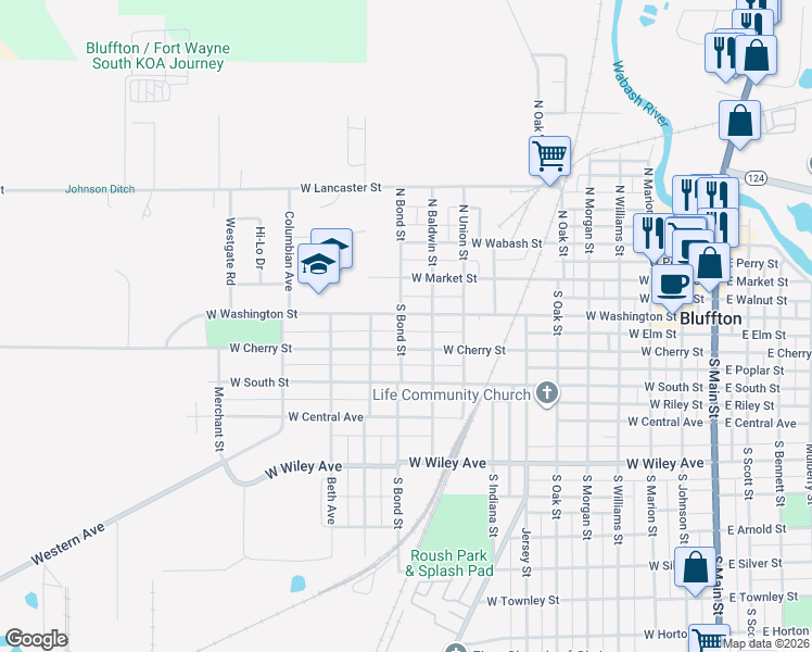 map of restaurants, bars, coffee shops, grocery stores, and more near 1028 W Washington St in Bluffton
