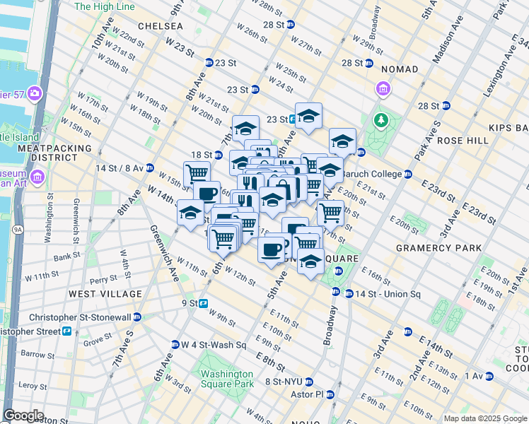 map of restaurants, bars, coffee shops, grocery stores, and more near 43 West 16th Street in New York