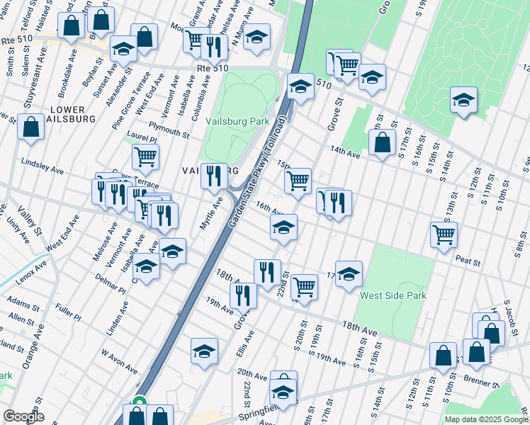 map of restaurants, bars, coffee shops, grocery stores, and more near 34 Arverne Terrace in Irvington
