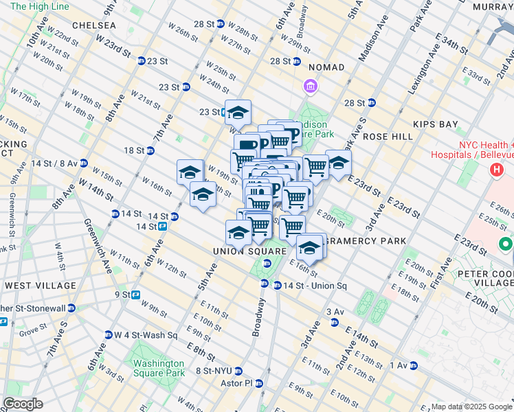 map of restaurants, bars, coffee shops, grocery stores, and more near 111 5th Avenue in New York