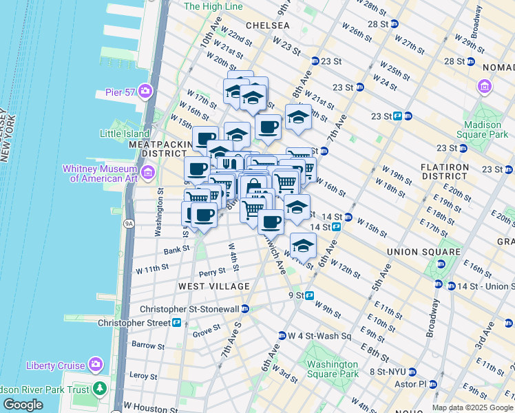 map of restaurants, bars, coffee shops, grocery stores, and more near 121 Greenwich Avenue in New York