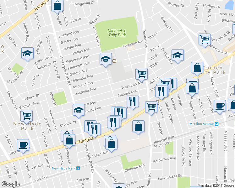 map of restaurants, bars, coffee shops, grocery stores, and more near 1711 Aladdin Avenue in New Hyde Park