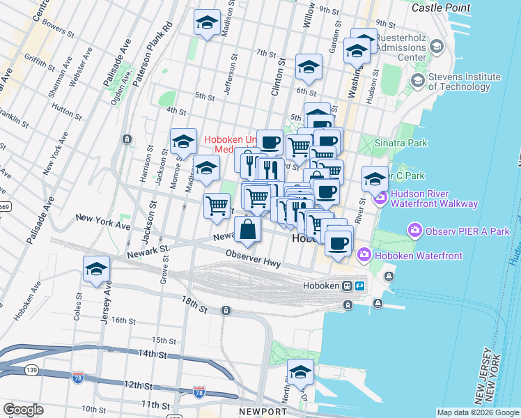 map of restaurants, bars, coffee shops, grocery stores, and more near 109 Willow Avenue in Hoboken