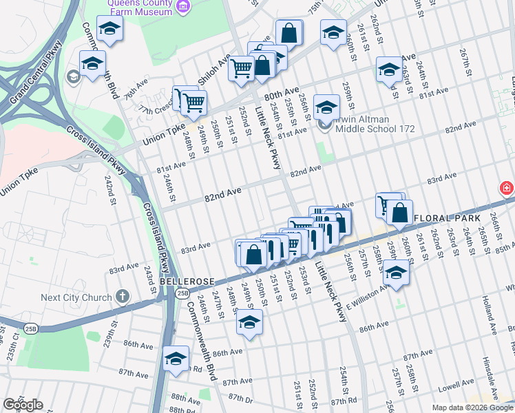 map of restaurants, bars, coffee shops, grocery stores, and more near 82-37 251st Street in Queens