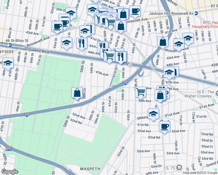 map of restaurants, bars, coffee shops, grocery stores, and more near 100 61st Street in Queens