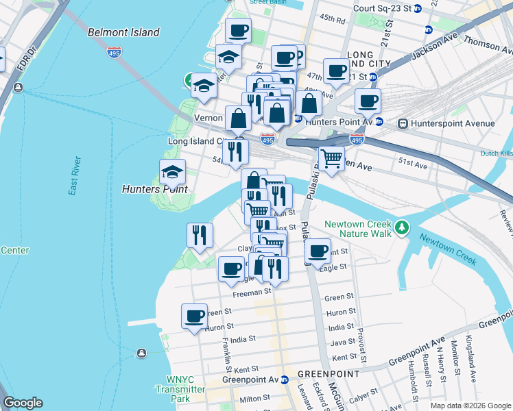 map of restaurants, bars, coffee shops, grocery stores, and more near 1205 Manhattan Avenue in Brooklyn