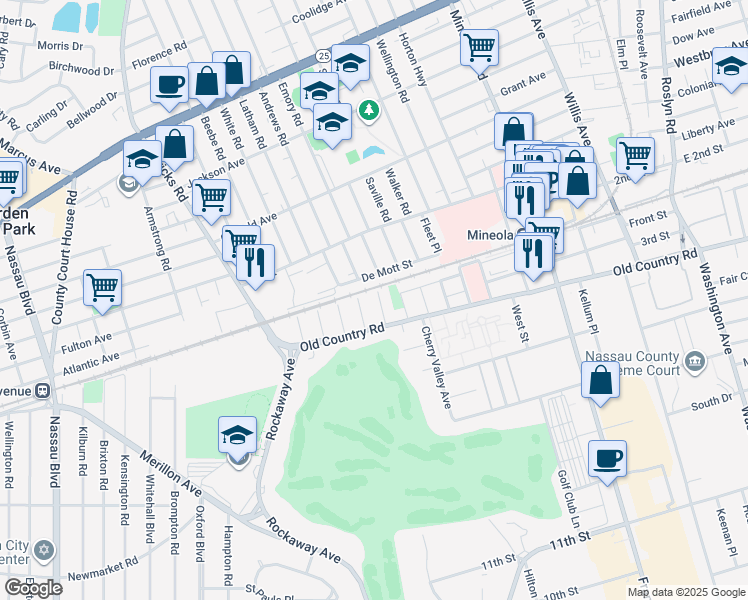map of restaurants, bars, coffee shops, grocery stores, and more near 59 9th Avenue in Mineola