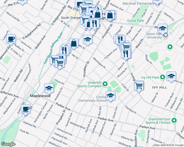 map of restaurants, bars, coffee shops, grocery stores, and more near 348 Tichenor Avenue in South Orange
