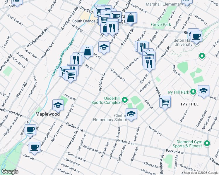 map of restaurants, bars, coffee shops, grocery stores, and more near 348 Tichenor Ave in South Orange