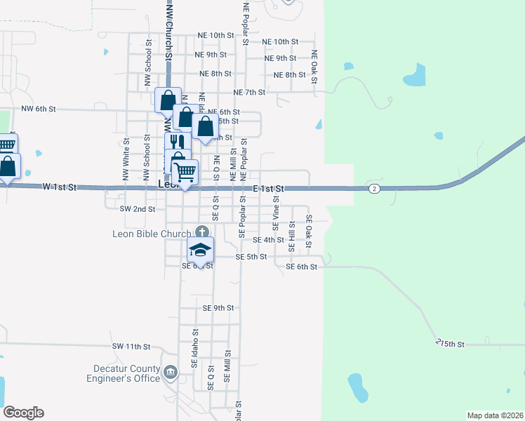 map of restaurants, bars, coffee shops, grocery stores, and more near 200-246 Southeast Locust Street in Leon