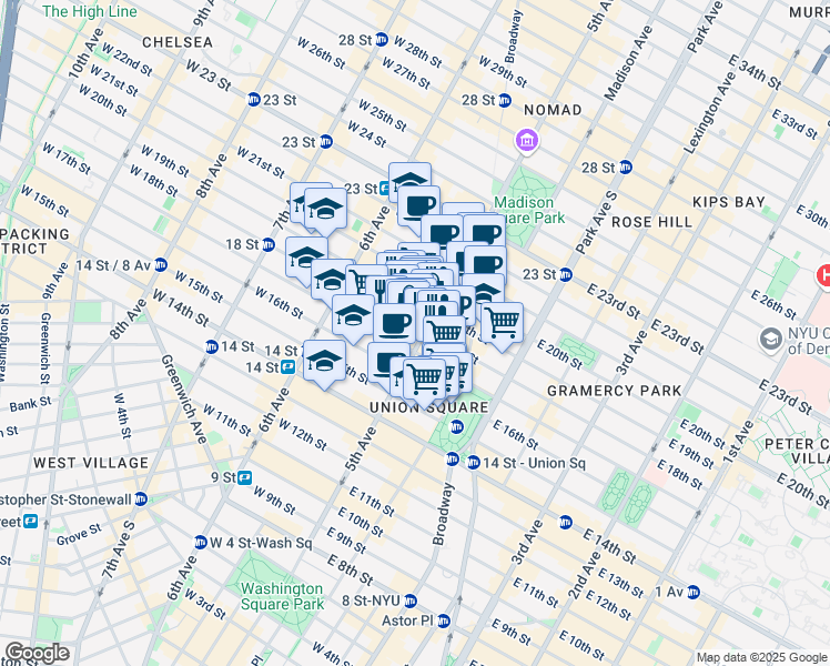 map of restaurants, bars, coffee shops, grocery stores, and more near in New York