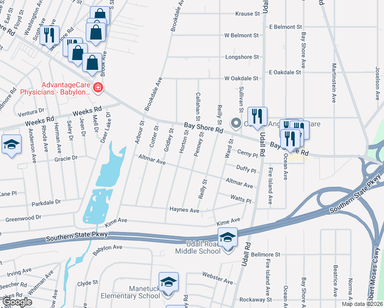 map of restaurants, bars, coffee shops, grocery stores, and more near 69 Penney Street in West Islip