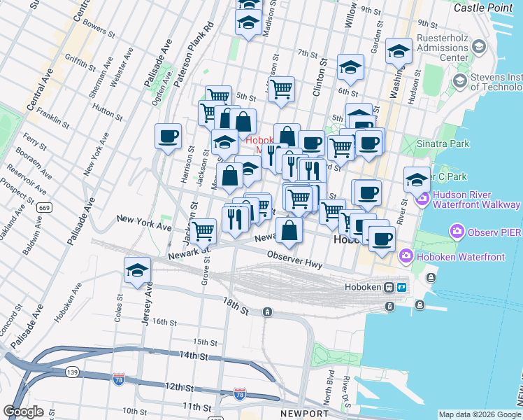 map of restaurants, bars, coffee shops, grocery stores, and more near 413a 1st Street in Hoboken