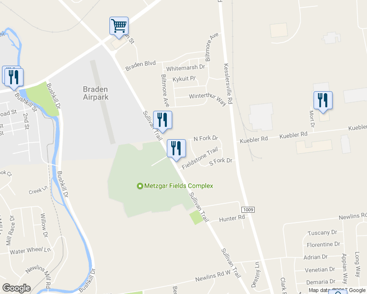 map of restaurants, bars, coffee shops, grocery stores, and more near 431 South Fork Drive in Easton