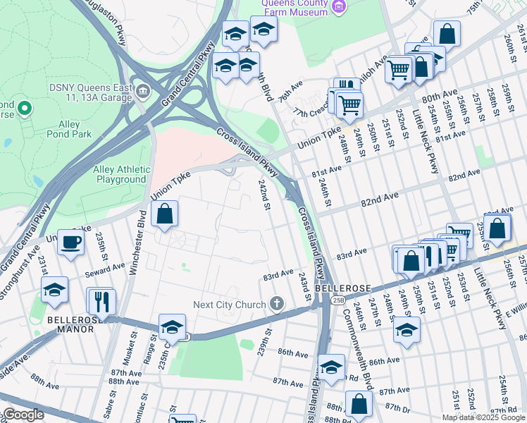 map of restaurants, bars, coffee shops, grocery stores, and more near 81-36 242nd Street in Queens