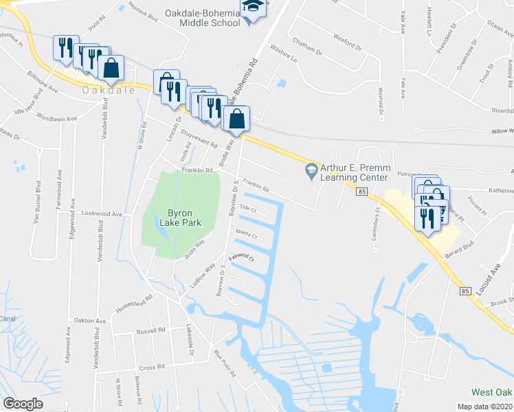 map of restaurants, bars, coffee shops, grocery stores, and more near 29 Tide Court in Oakdale