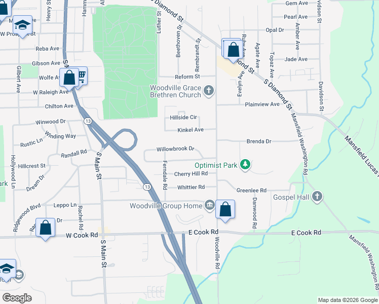 map of restaurants, bars, coffee shops, grocery stores, and more near 224 Willowbrook Drive in Mansfield