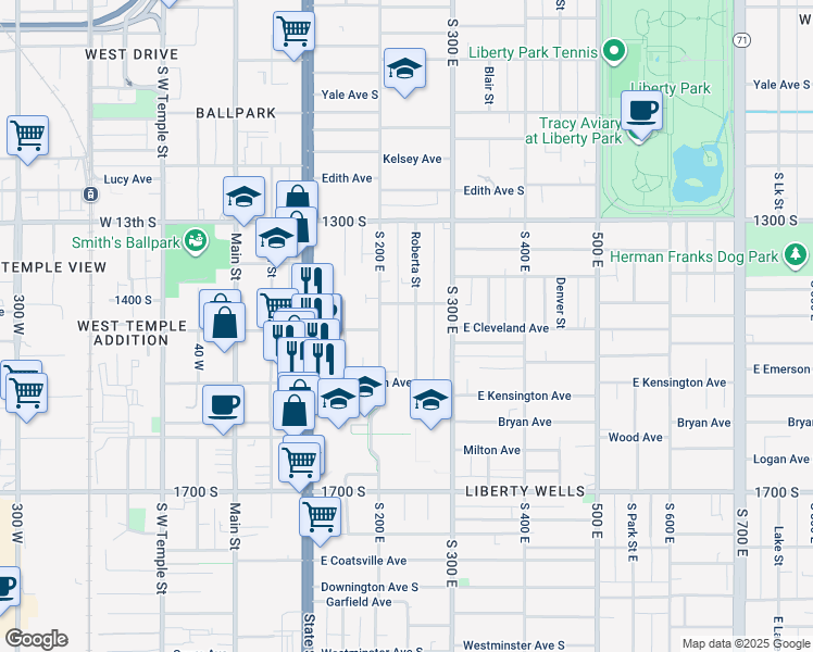 map of restaurants, bars, coffee shops, grocery stores, and more near 1431 South 200 East in South Salt Lake