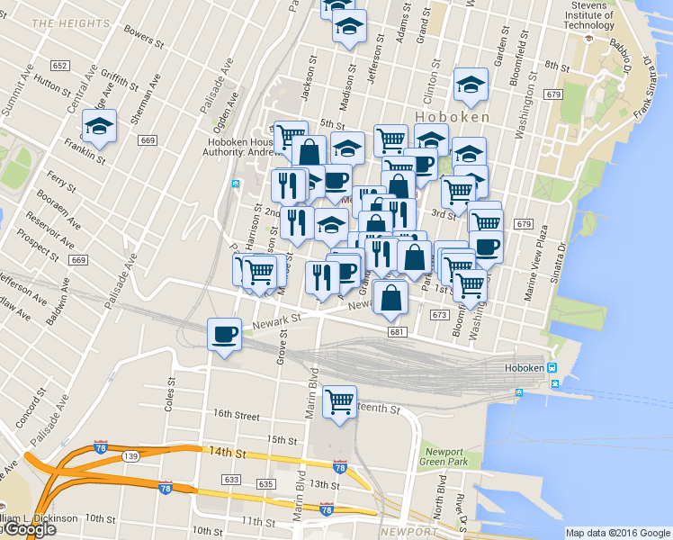 map of restaurants, bars, coffee shops, grocery stores, and more near 459 1st Street in Hoboken