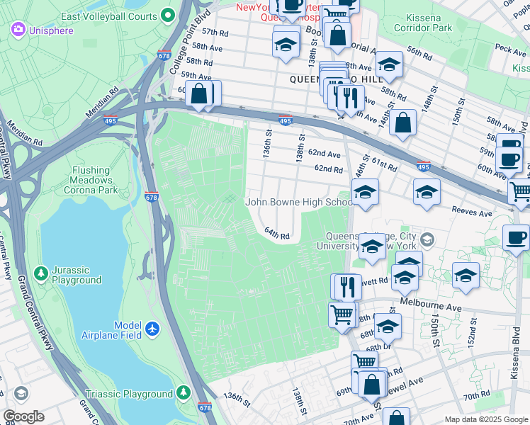 map of restaurants, bars, coffee shops, grocery stores, and more near 64-07 136th Street in Queens