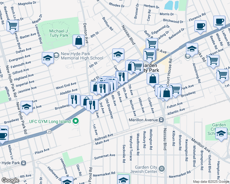 map of restaurants, bars, coffee shops, grocery stores, and more near 2178 New York 25 in Garden City Park