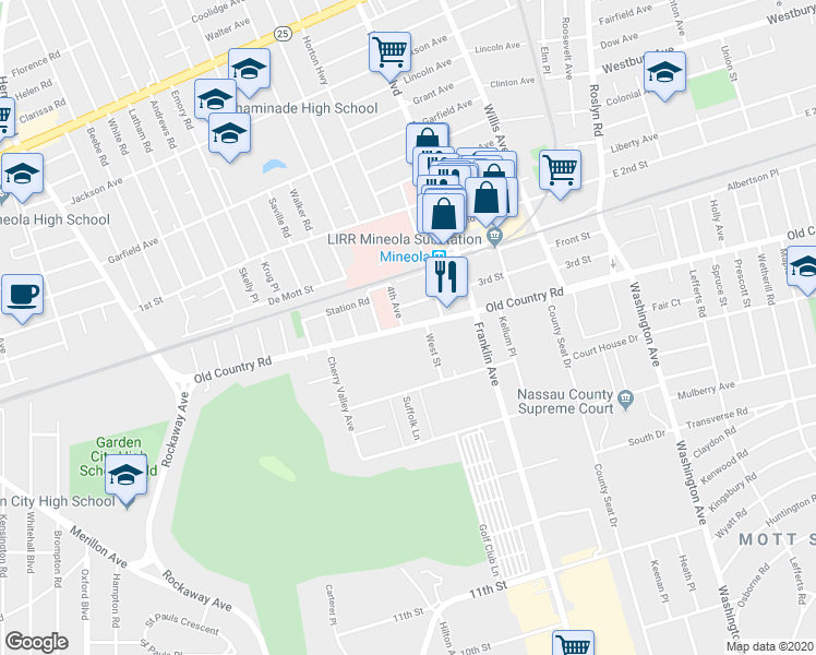 map of restaurants, bars, coffee shops, grocery stores, and more near 256 Old Country Road in Garden City