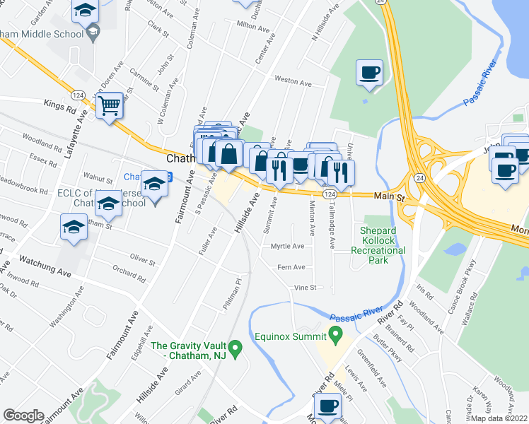map of restaurants, bars, coffee shops, grocery stores, and more near 32 Summit Avenue in Chatham