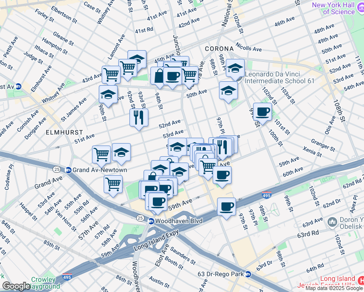 map of restaurants, bars, coffee shops, grocery stores, and more near 94-24 54th Avenue in Queens
