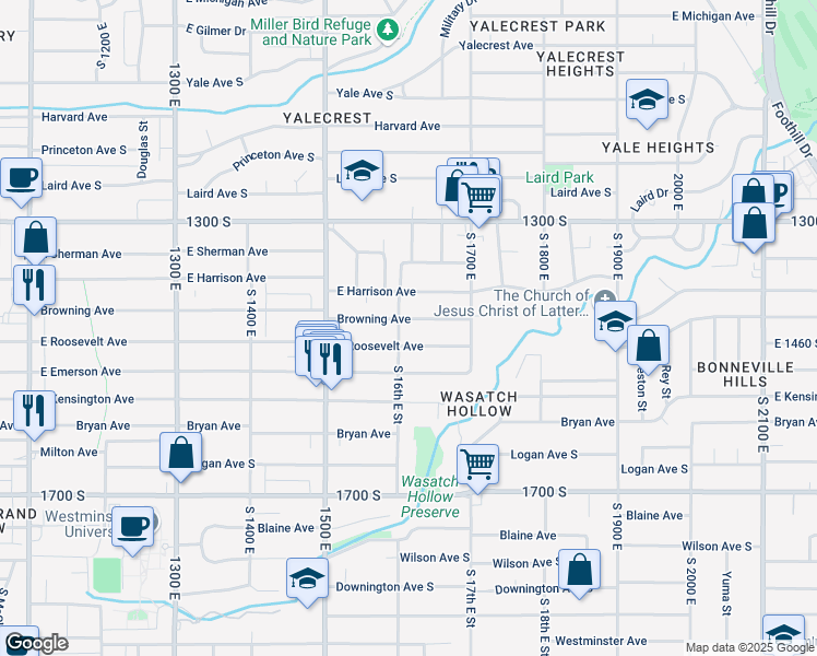map of restaurants, bars, coffee shops, grocery stores, and more near 1433 South 1600 East in Salt Lake City
