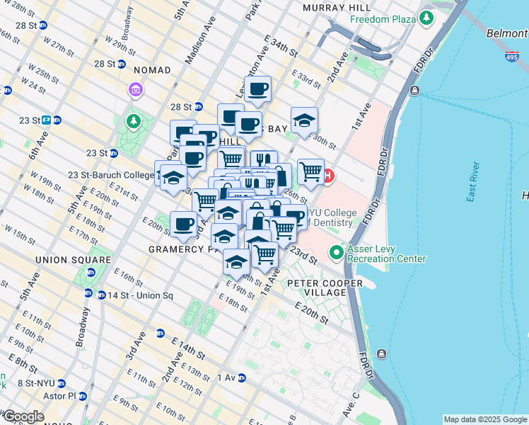 map of restaurants, bars, coffee shops, grocery stores, and more near 319 East 24th Street in New York