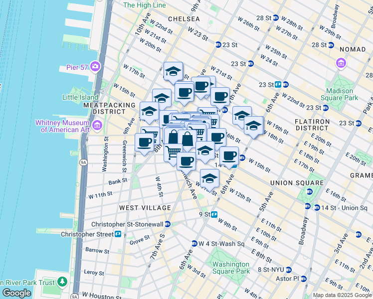 map of restaurants, bars, coffee shops, grocery stores, and more near 219 West 13th Street in New York