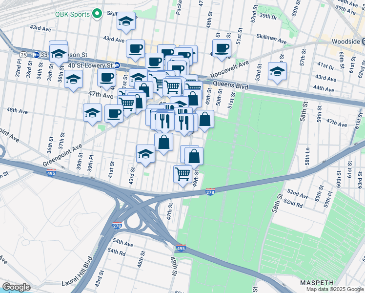 map of restaurants, bars, coffee shops, grocery stores, and more near 48-21 47th Street in Queens