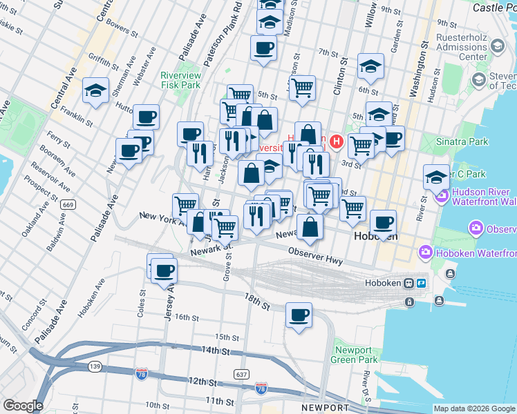 map of restaurants, bars, coffee shops, grocery stores, and more near 92 Jefferson Street in Hoboken