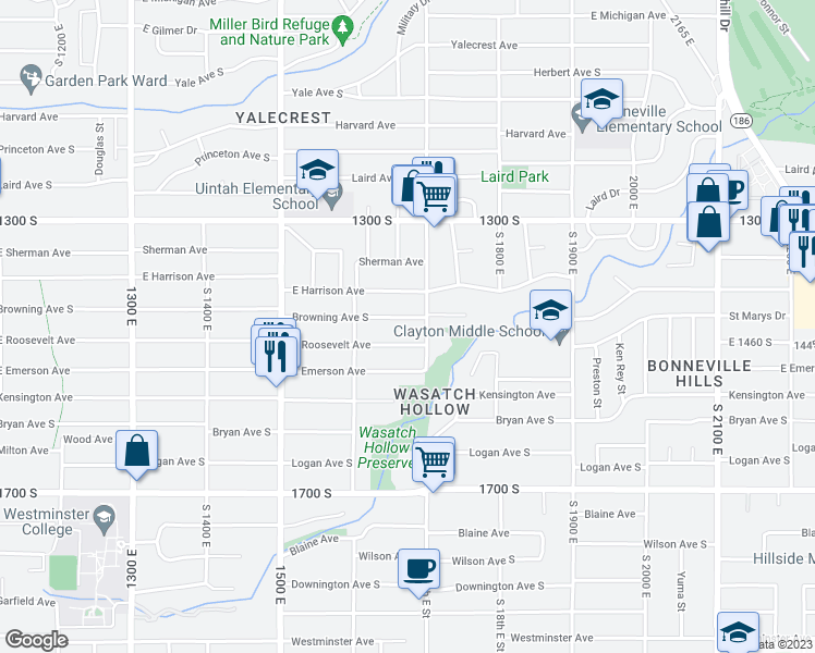 map of restaurants, bars, coffee shops, grocery stores, and more near 1666 Browning Avenue South in Salt Lake City