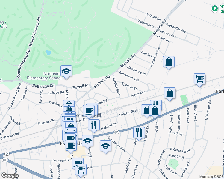 map of restaurants, bars, coffee shops, grocery stores, and more near 43 Balcom Road in Farmingdale