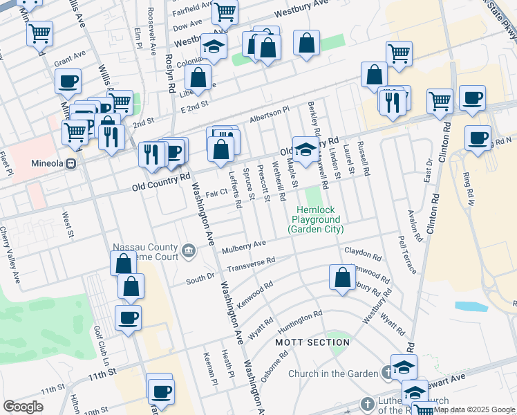 map of restaurants, bars, coffee shops, grocery stores, and more near 19 Spruce Street in Garden City