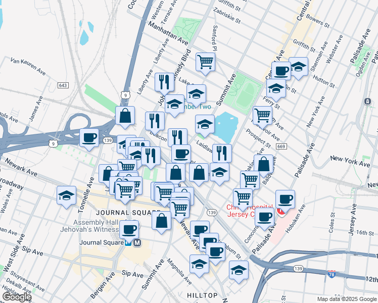 map of restaurants, bars, coffee shops, grocery stores, and more near in Jersey City